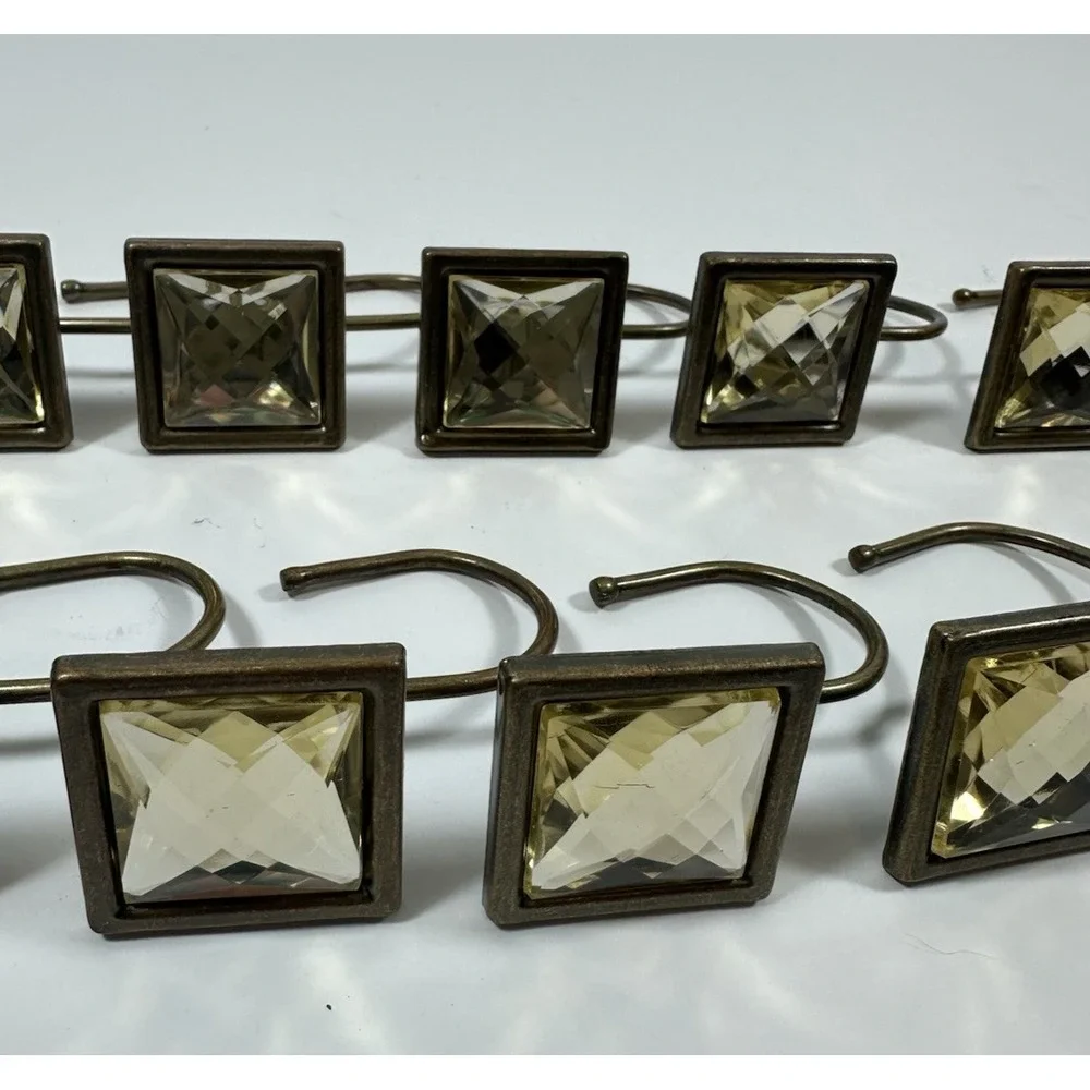 Rhinestone Shower Curtain Hooks Yellow Gold Faceted Square Geometric 12 Pc